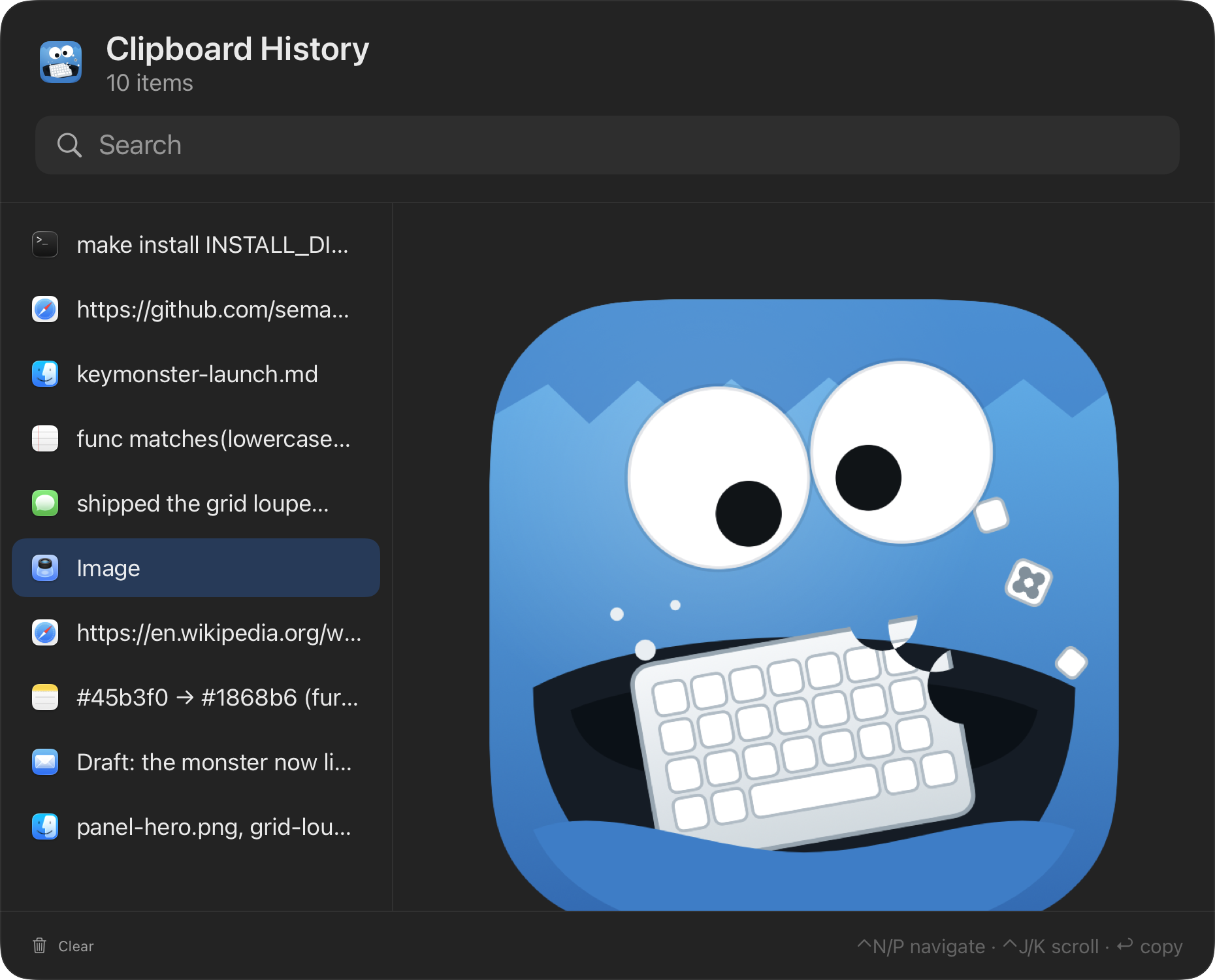 The history panel with an image entry selected, showing a full-size preview of the copied image — Key Monster's own monster icon — in the right pane.