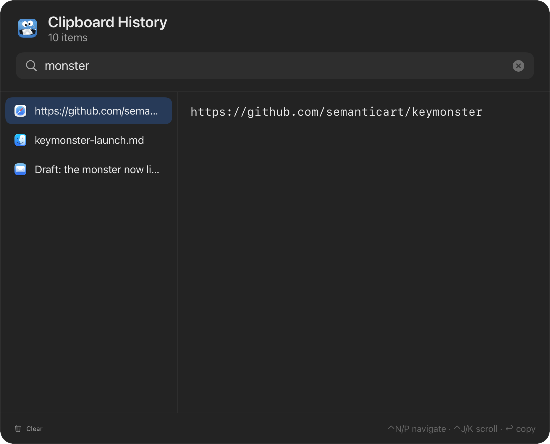 The history panel filtered by the query 'monster': three matching items remain — a GitHub URL, a markdown file, and an email draft — with the URL previewed in full.