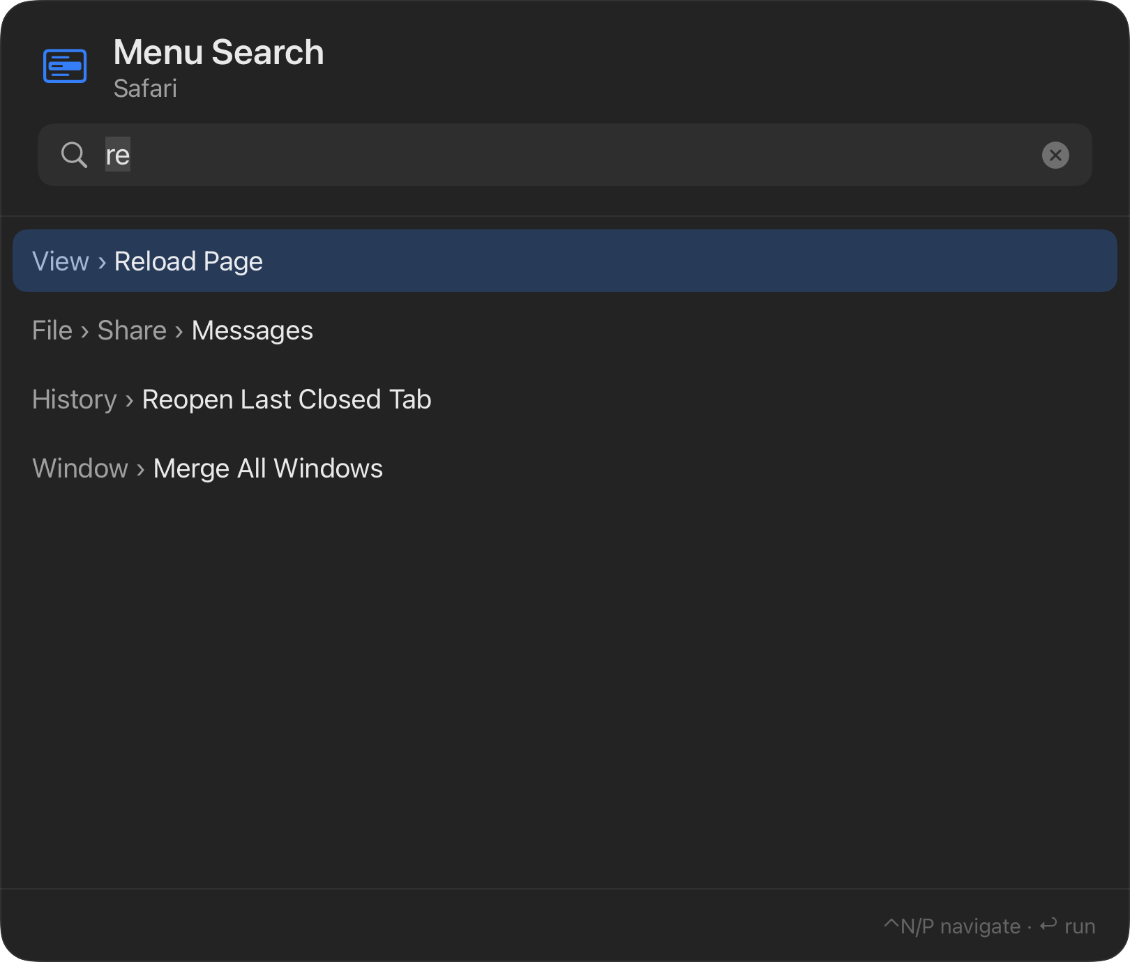 The Menu Search panel over Safari, query 're', listing View › Reload Page, File › Share › Messages, History › Reopen Last Closed Tab, and Window › Merge All Windows.